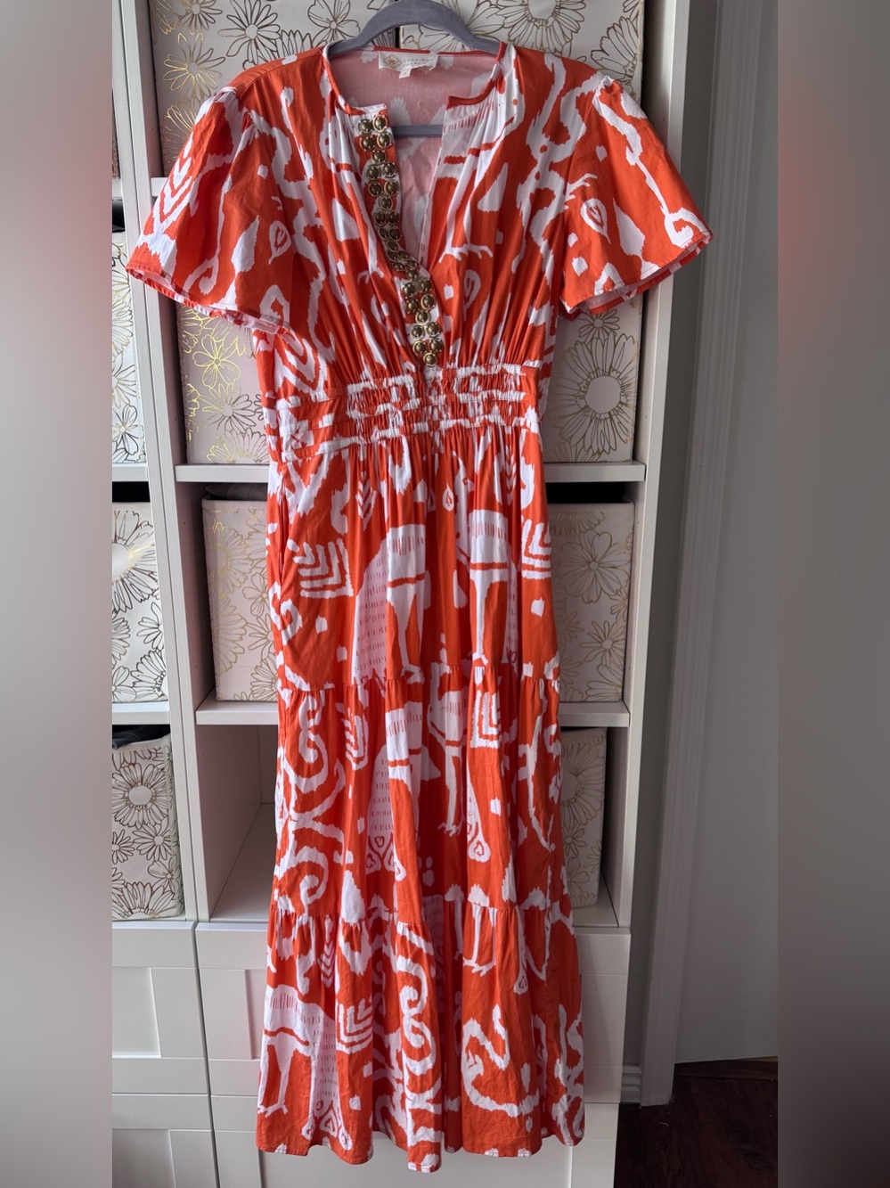 Sheridan French Orange Pink Ikat Peacock Maxi Dress Embellished Neck and Pockets